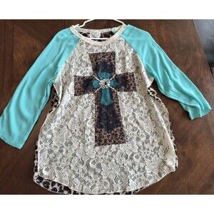 L&B Life Shirt Womens Large Turquoise with Cream Lace Cross with Cheetah Print
